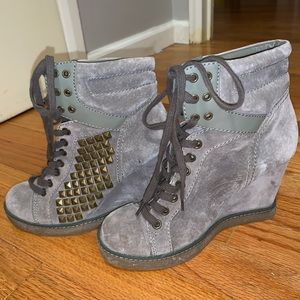 Grey suede sneaker wedges
